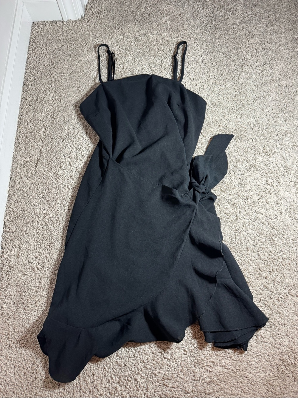 She + Sky Black Ruffle-Trim Wrap Mini Dress